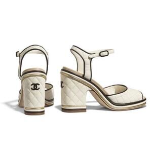 Chanel 2019 Quilted Lambskin CC Block Heeled Sandal in White